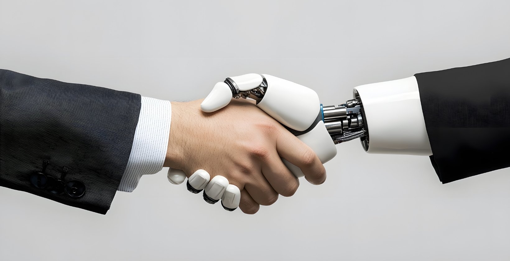 a human hand and a robot hand shaking